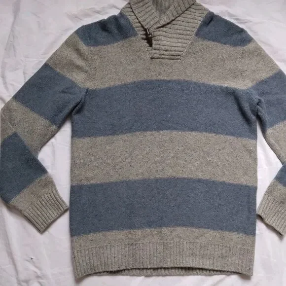 Gap Sweater Striped Lambswool Cowl Neck Gray Blue Preppy Mens Size XL Tall - Picture 3 of 11